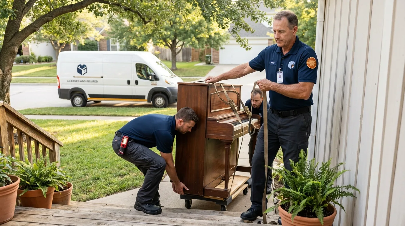 Licensed piano movers securing grand piano in Hatch, NM