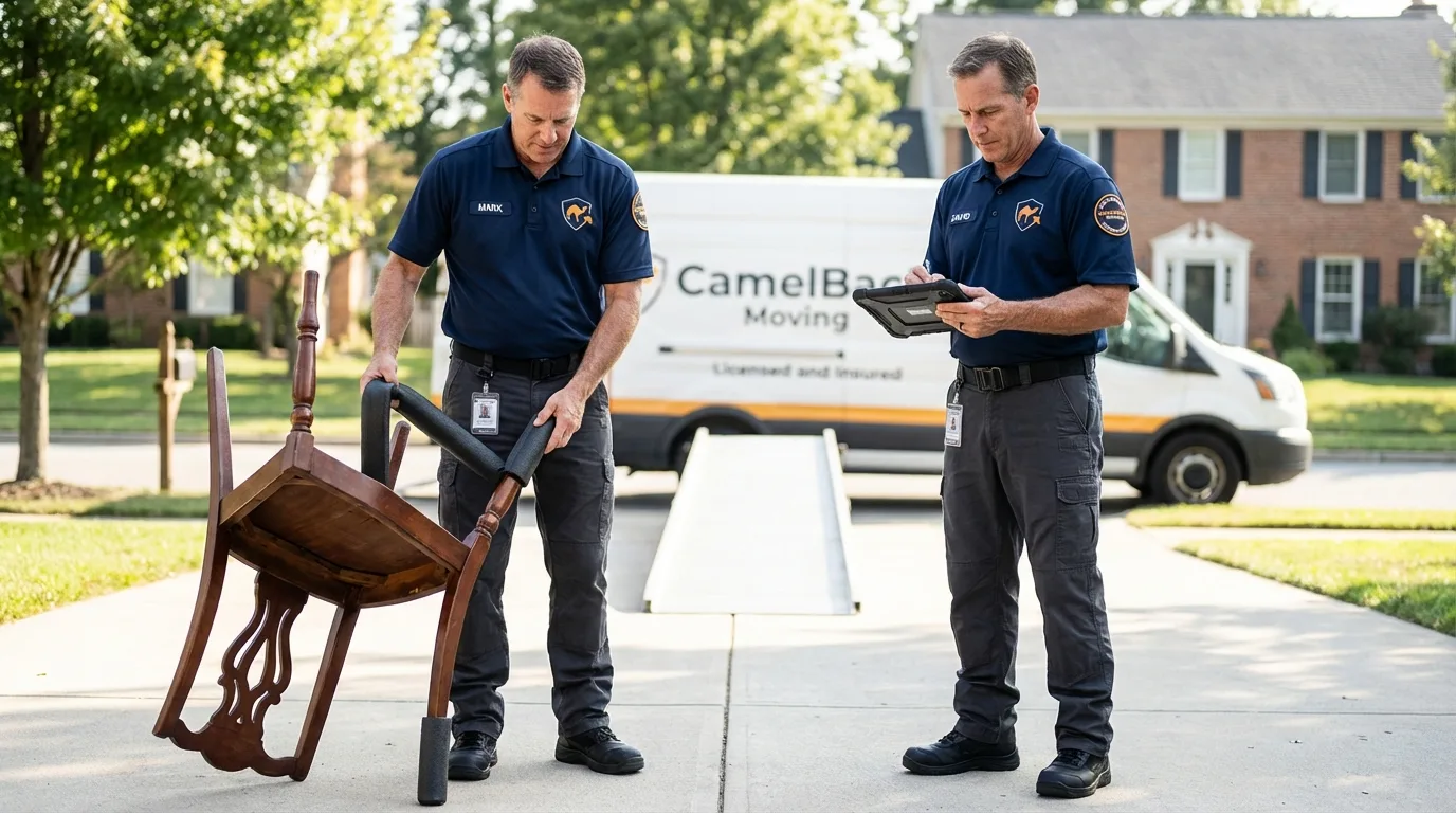 Movers inspecting furniture for damage prevention before loading in Hatch, NM