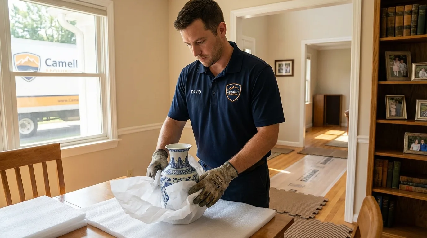 Professional crew carefully wrapping antique vase for senior downsizing move in Hatch, NM