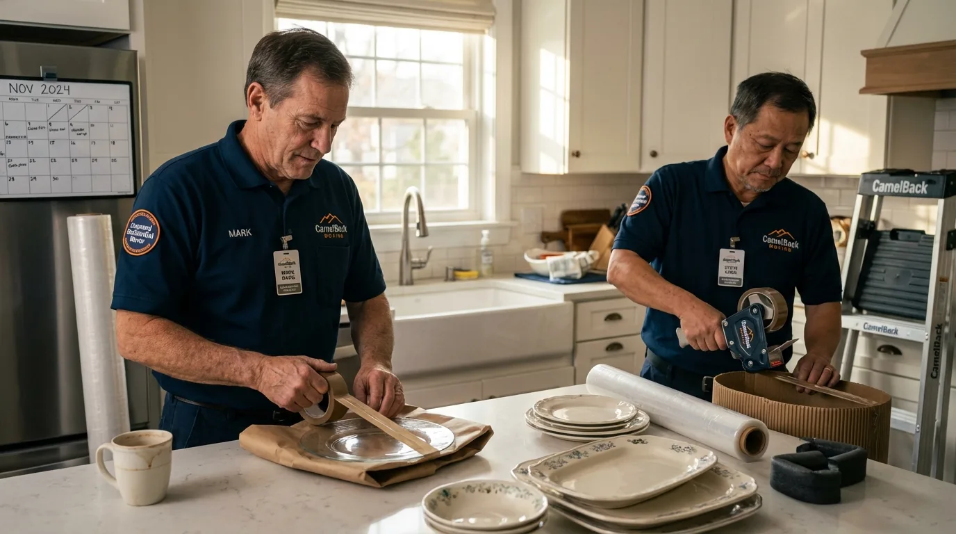 Professional crew packing kitchen dishware in Hatch, NM